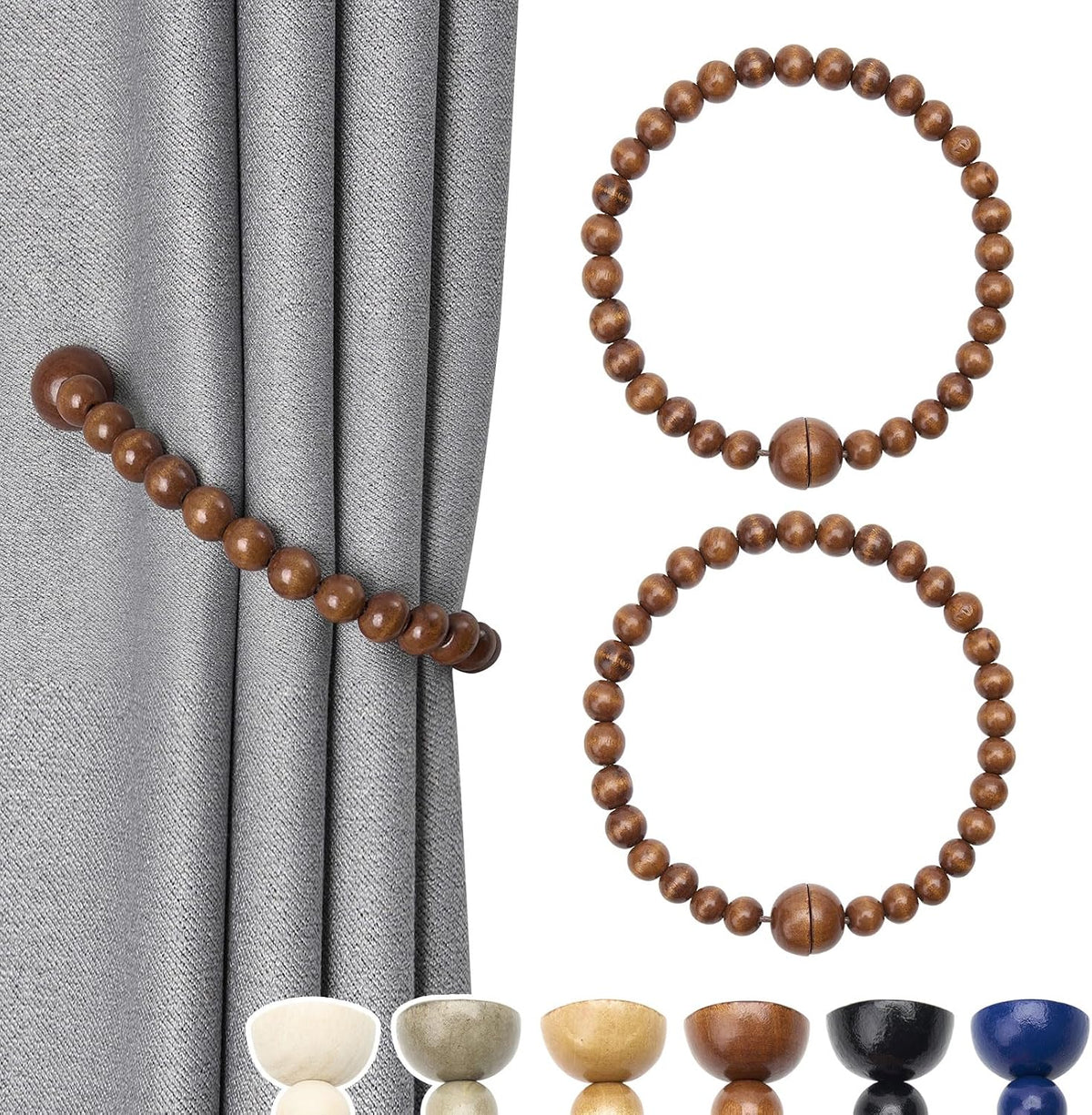 NICEEC 2 Pack Wood Bead Curtain Tiebacks Boho Farmhouse Decor Drape Tie Backs Strong Magnetic Natural Wooden Beaded Curtain Holdbacks for Home & Office Outdoor Window Draperies (Coffee)