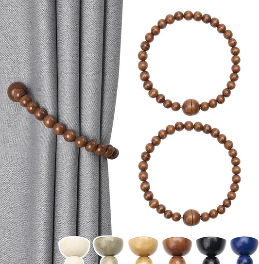 NICEEC 2 Pack Wood Bead Curtain Tiebacks Boho Farmhouse Decor Drape Tie Backs Strong Magnetic Natural Wooden Beaded Curtain Holdbacks for Home & Office Outdoor Window Draperies (Coffee)