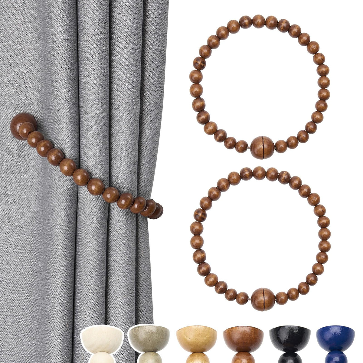 NICEEC 2 Pack Wood Bead Curtain Tiebacks Boho Farmhouse Decor Drape Tie Backs Strong Magnetic Natural Wooden Beaded Curtain Holdbacks for Home & Office Outdoor Window Draperies (Coffee)