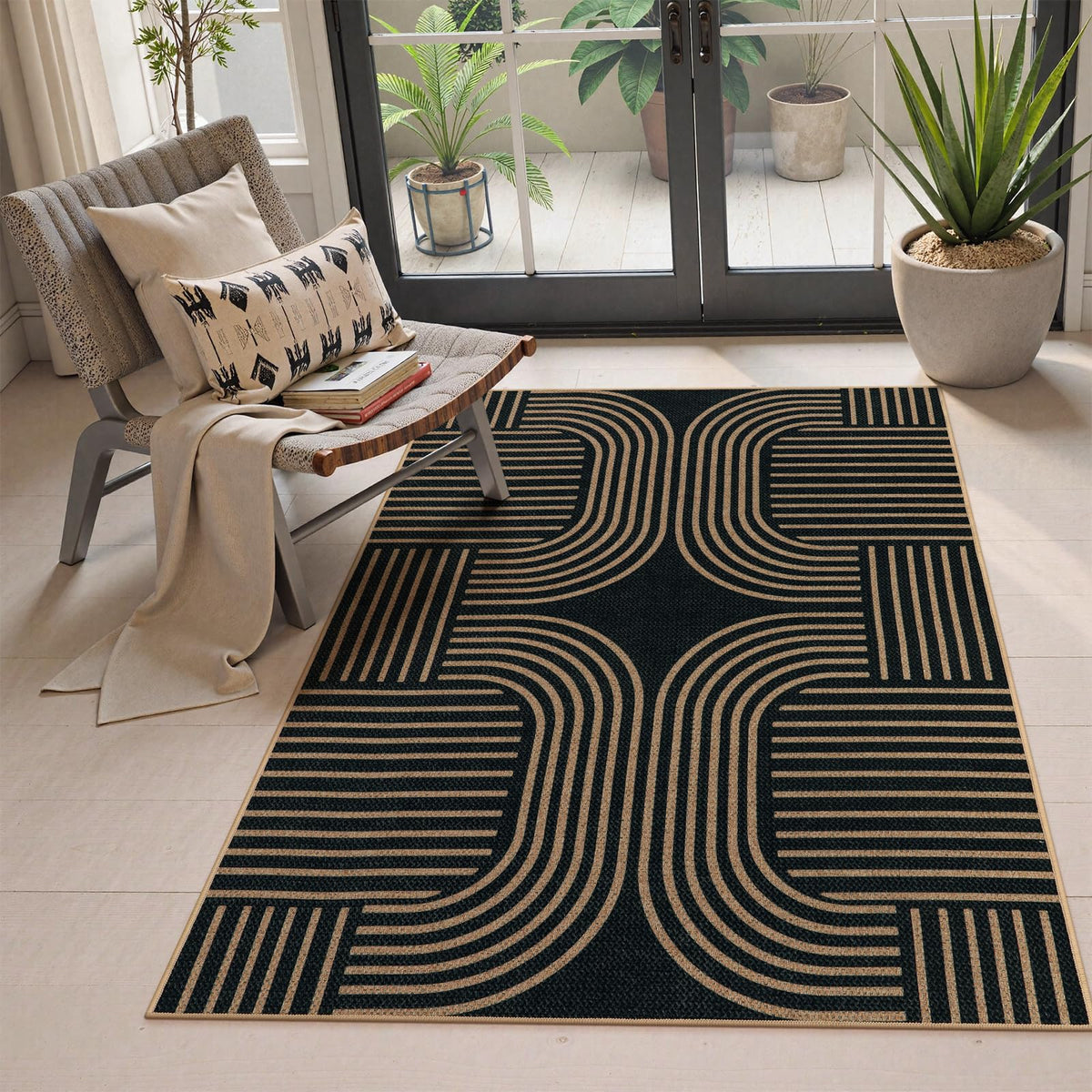 Lahome Modern Rainbow Easy Jute Carpet, Washable 5x7 Area Rugs for Living Room Patio Black Farmhouse Indoor Outdoor Rugs, Contemporary Natural Non Slip Floor Carpet for Office RV Backyard