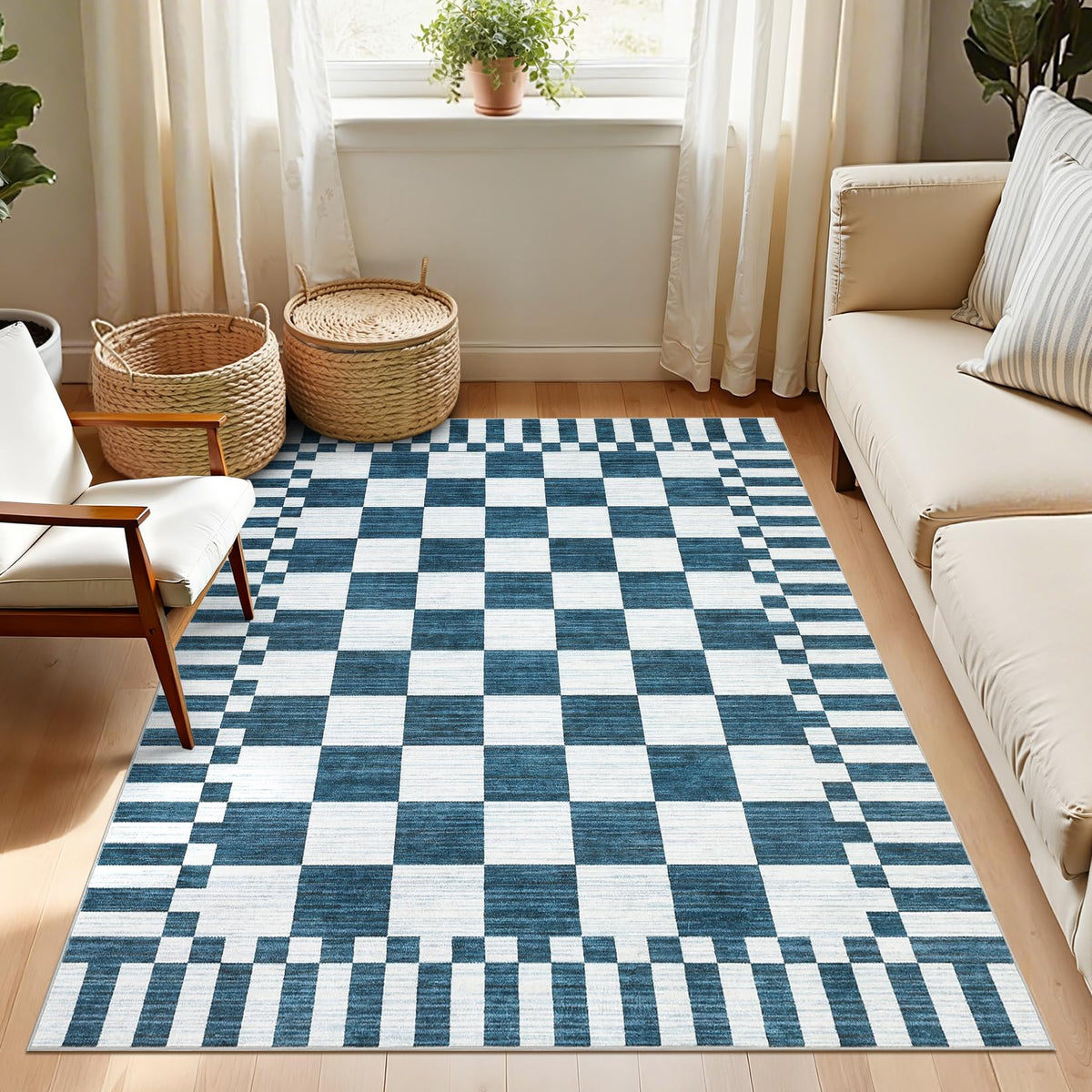 GarveeHome Brown Checkered Rug 5x7 Area Rugs Washable Living Room 5x7 Rug