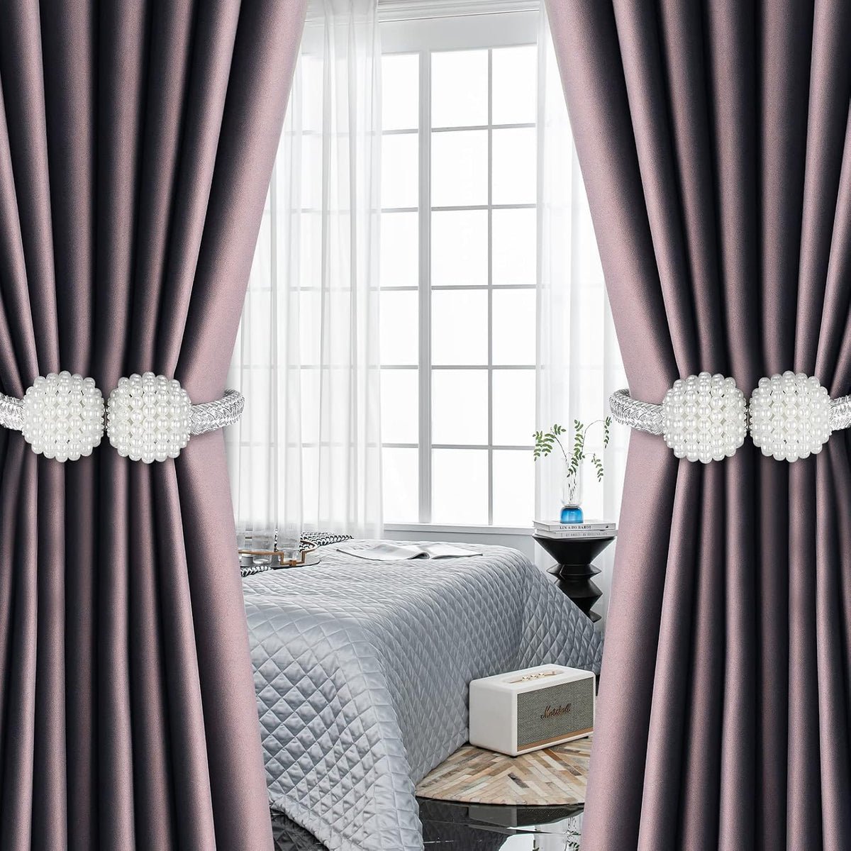 8 Pack Magnetic Curtain Tiebacks with Pearls,Elegant Window Treatment Holdbacks for Heavy Outdoor Drapes (Grey)
