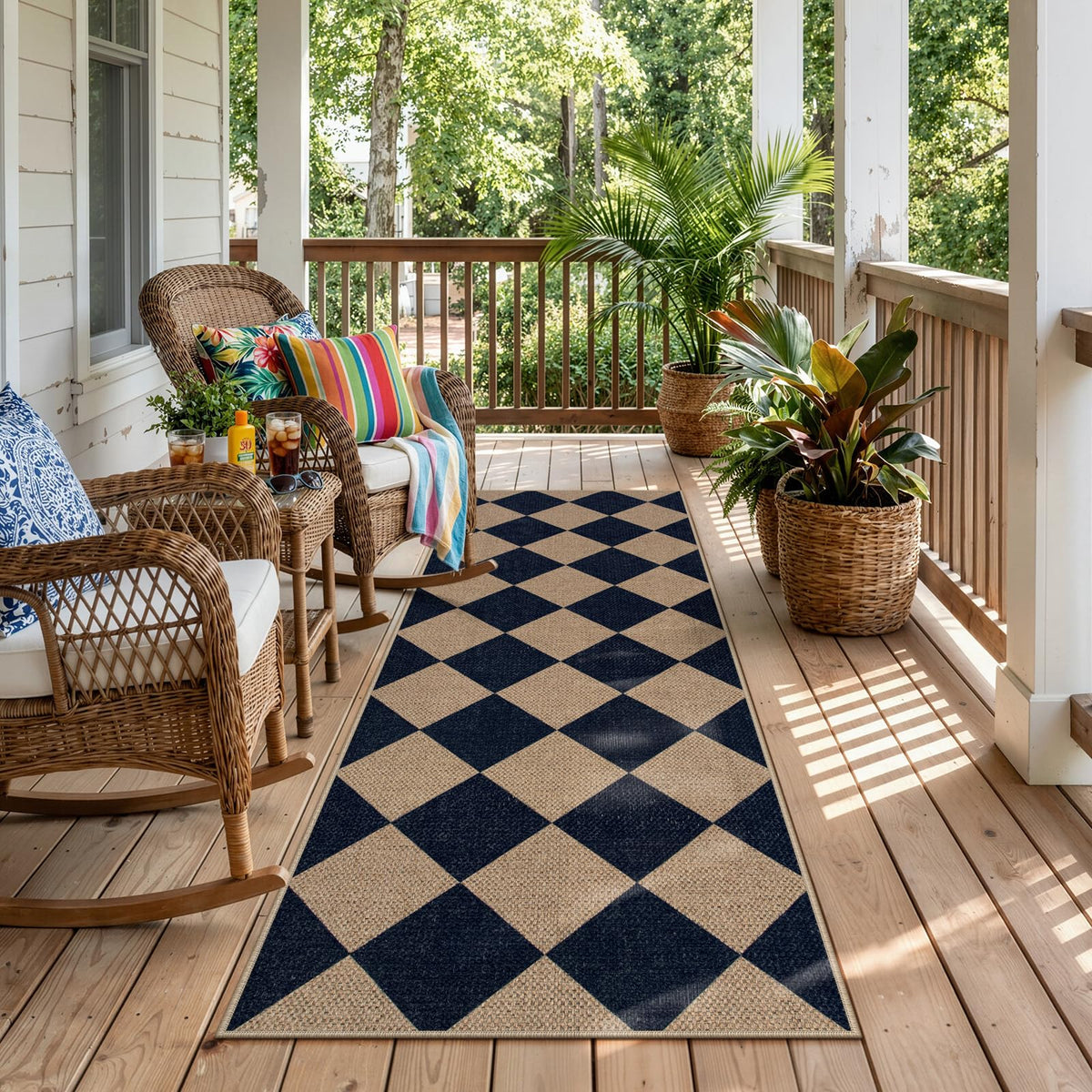 Lahome Checkered Easy Jute 5x7 Area Rugs, Washable Outdoor Patio Rug for Living Room Diamond Indoor Outdoor Carpet, Farmhouse Geometric Non Slip Black Carpet for Backyard Dining Room