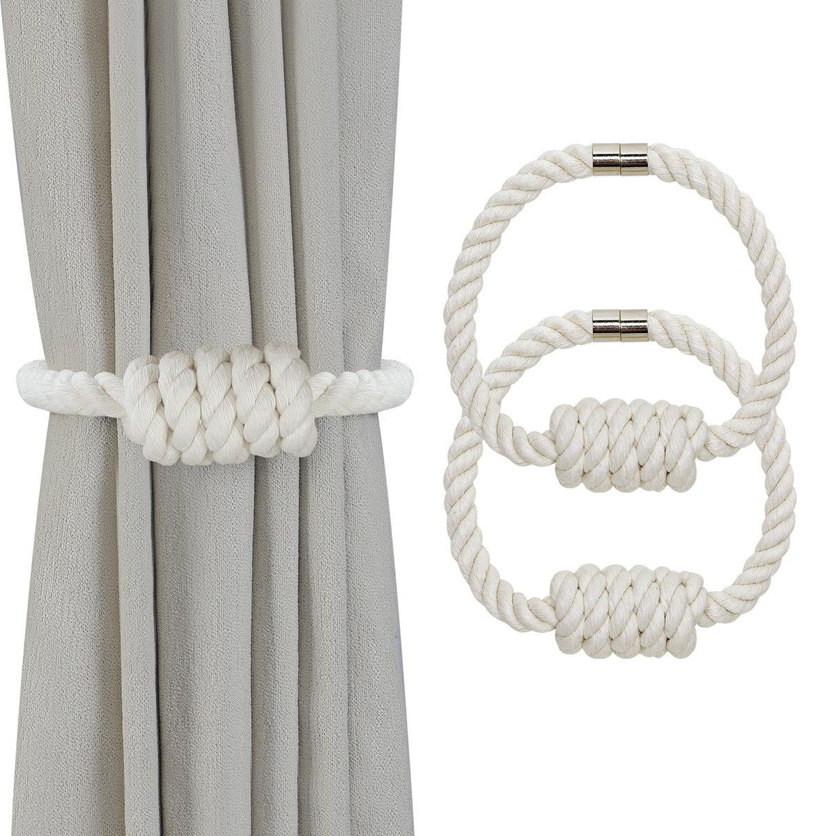 Magnetic Curtain Tiebacks, 2 Pack Jute Curtain Holdbacks, Elegant Hand Weave Rope Knot Curtain Tie Backs, Boho Curtain Tiebacks for Bedroom Room Nursery Decor