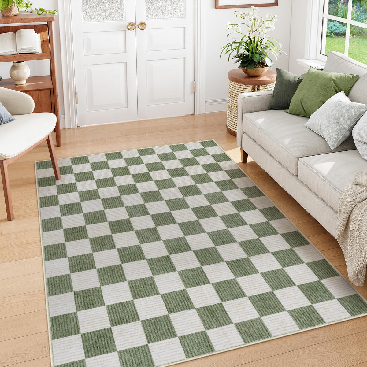 LIVEBOX 8x10 Area Rugs for Living Room, Checkered Non-Slip Washable Rugs, Farmhouse Neutral Classic Geometric Large Boys Area Rug for Bedroom, Carpet for Living Dining Room Office(Sage Green,8'x10')
