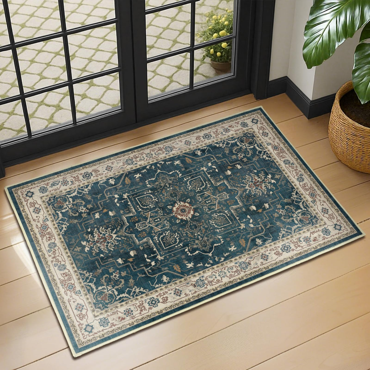 Vintage Distressed 5x7 Area Rugs for Living Room Bedroom Non Slip Washable, Medallion Pattern Printed Low Pile Thin Carpet Rugs for Dining Room/Kitchen/Home Office, Multi Brown Olive Accents