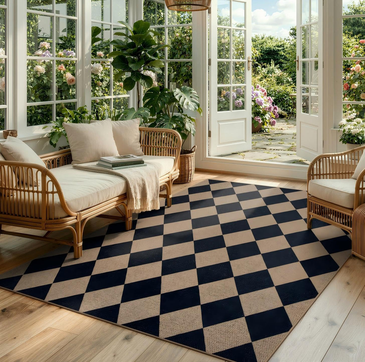 Lahome Checkered Easy Jute 5x7 Area Rugs, Washable Outdoor Patio Rug for Living Room Diamond Indoor Outdoor Carpet, Farmhouse Geometric Non Slip Black Carpet for Backyard Dining Room