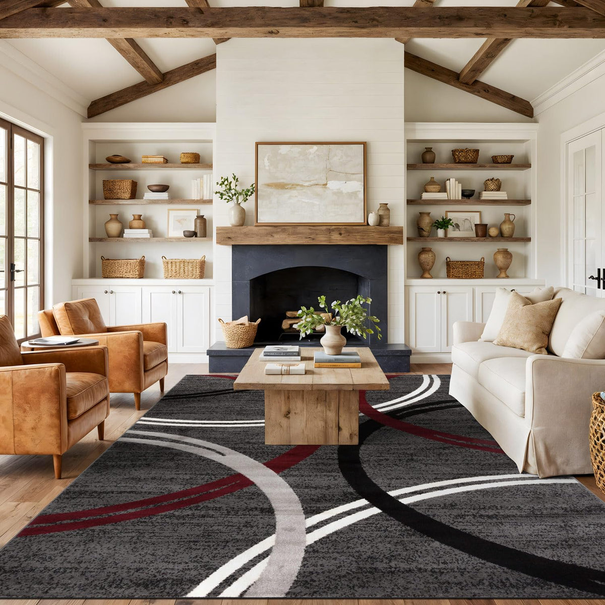 Rugshop Wavy Circles Fade-Resistant Living Room Area Rug Gray 5'3" x 7'3"