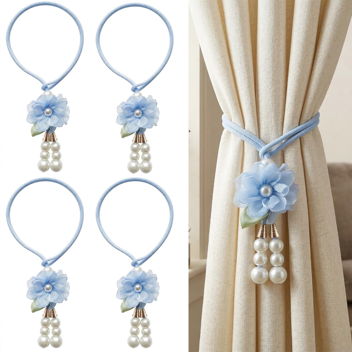 Adjustable Curtain Tiebacks， 4-Pack Hand-Woven Rope with Silk Flower & Pearl， Decorative Window Cord Holders for Drapery， Long Loop Design for All Curtain Thickness (Purple)