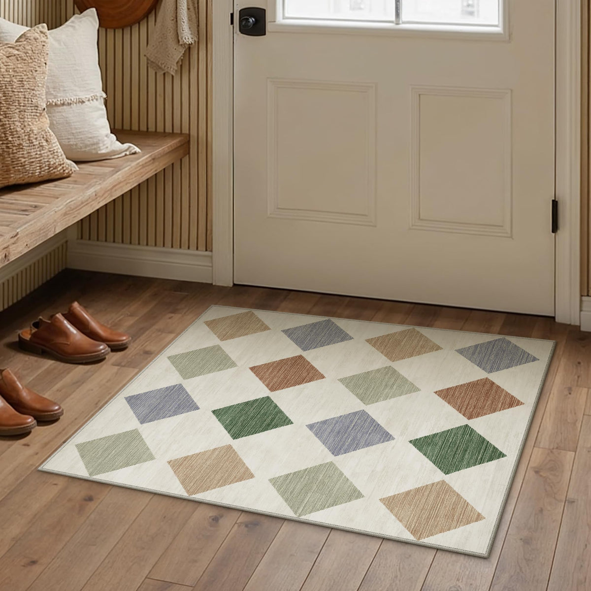 PureCozy 8x10 Washable Area Rug Living Room Beige Non Slip Checkered Carpet