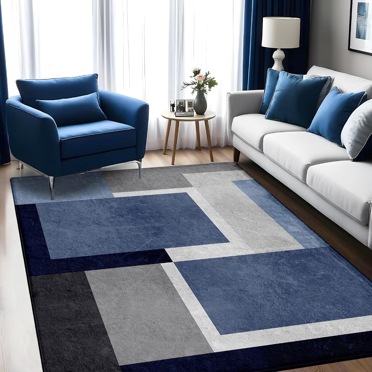 Washable Low-Profile Geometric Area Rug, 0.2 inch Thin Abstract Rug Design for Living Room & Bedroom Decor, 5x7 ft Blue Grey Modern Non-Slip Floor Rug