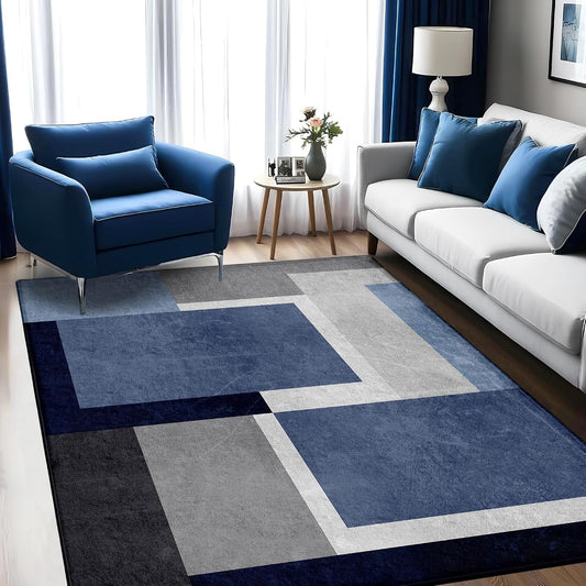 Washable Low-Profile Geometric Area Rug, 0.2 inch Thin Abstract Rug Design for Living Room & Bedroom Decor, 5x7 ft Blue Grey Modern Non-Slip Floor Rug