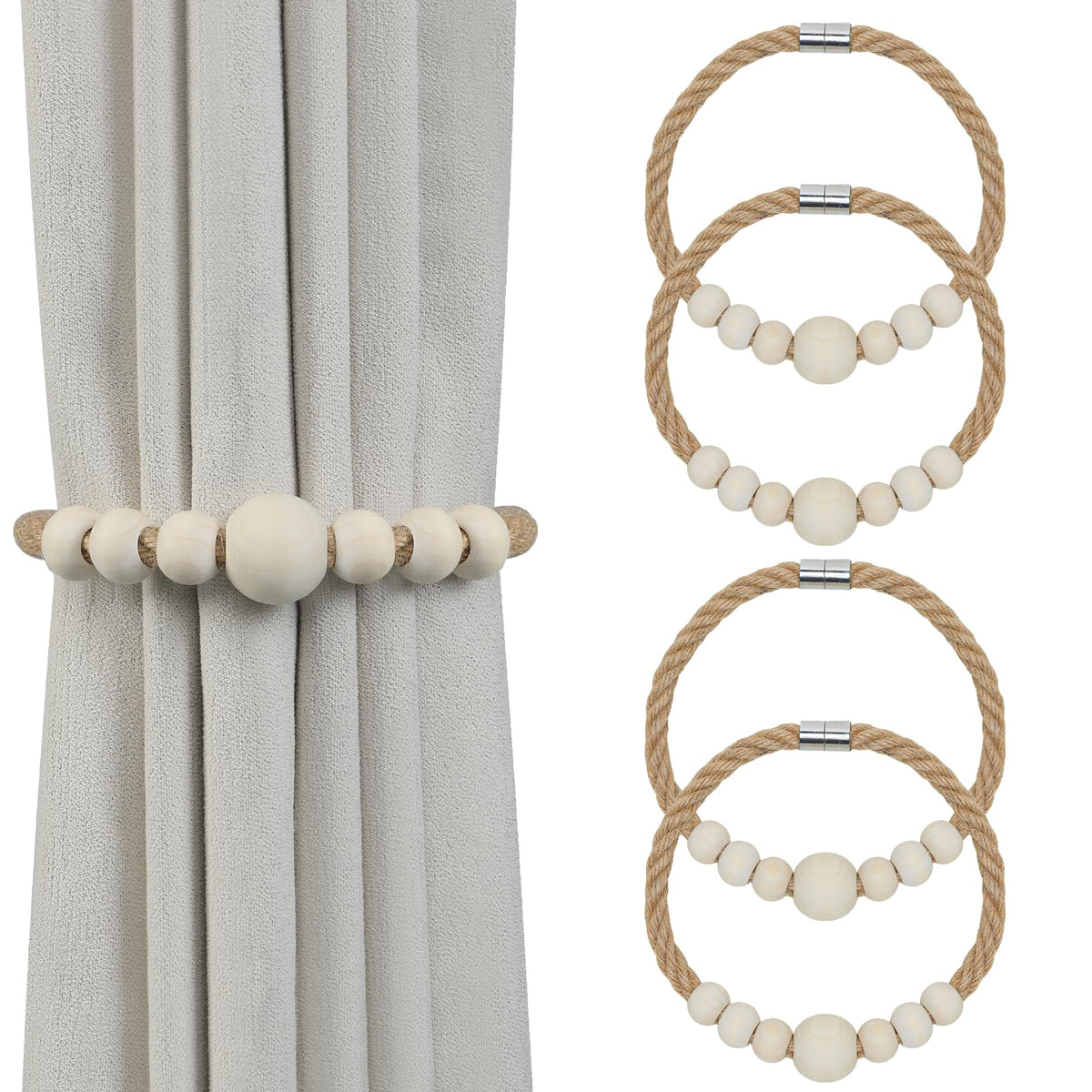 Magnetic Curtain Tiebacks, 2 Pack Jute Curtain Holdbacks, Elegant Hand Weave Rope Knot Curtain Tie Backs, Boho Curtain Tiebacks for Bedroom Room Nursery Decor