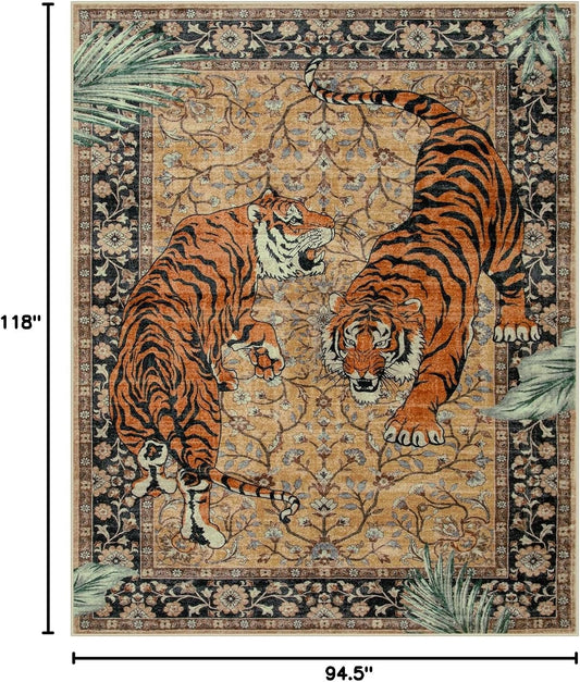 Moynesa Tiger 8x10 Area Rug, Washable Boho Rugs for Living Room, Vintage Large Soft Dining Room Rug, Non Slip Ultra Thin Stain Resistant Floor Carpet for Home Office Bedroom, Camel