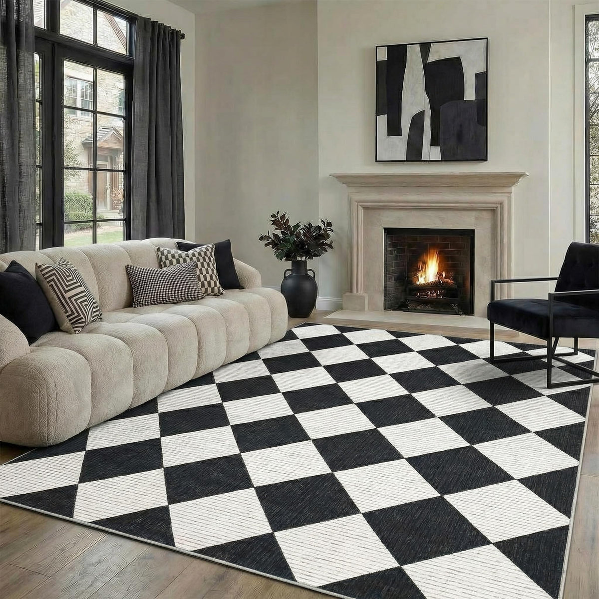 GarveeHome 5x7 Checkered Area Rug Black and Brown Washable Living Room Rug