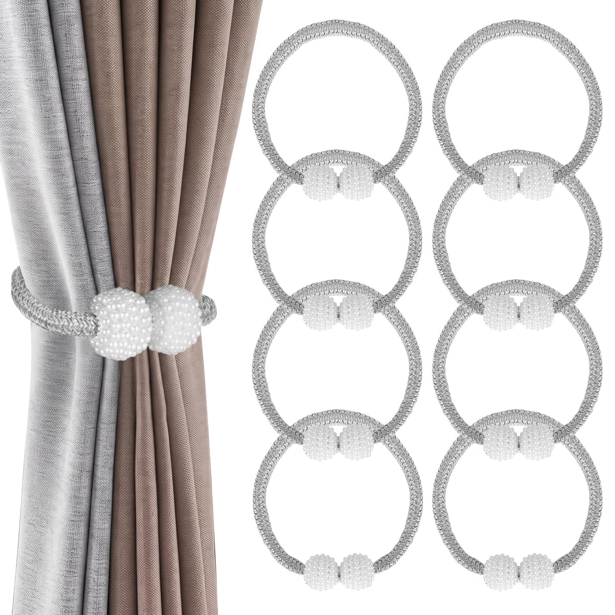 8 Pack Magnetic Curtain Tiebacks with Pearls,Modern Curtain Holdbacks Strap