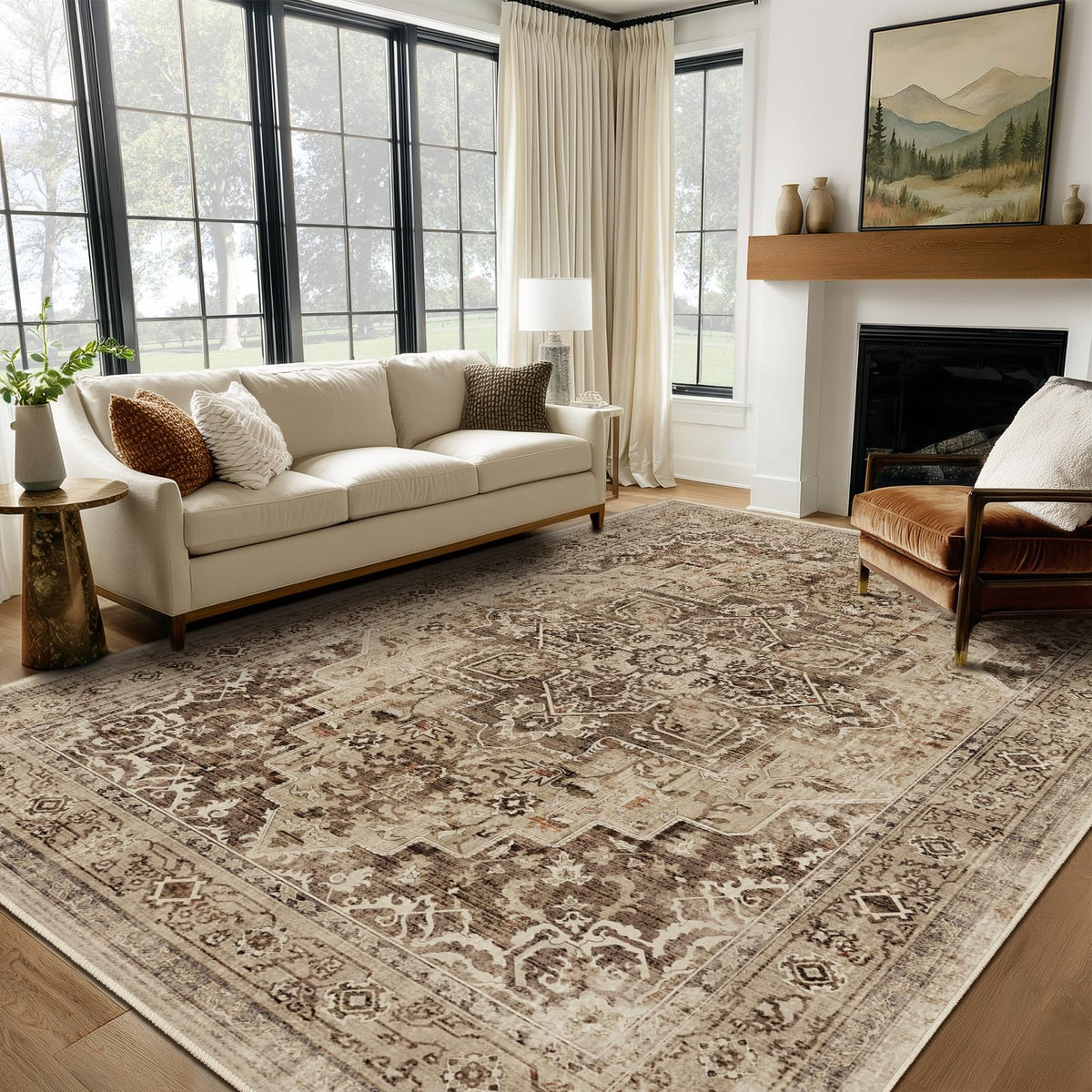 Vintage Distressed 5x7 Area Rugs for Living Room Bedroom Non Slip Washable, Medallion Pattern Printed Low Pile Thin Carpet Rugs for Dining Room/Kitchen/Home Office, Multi Brown Olive Accents