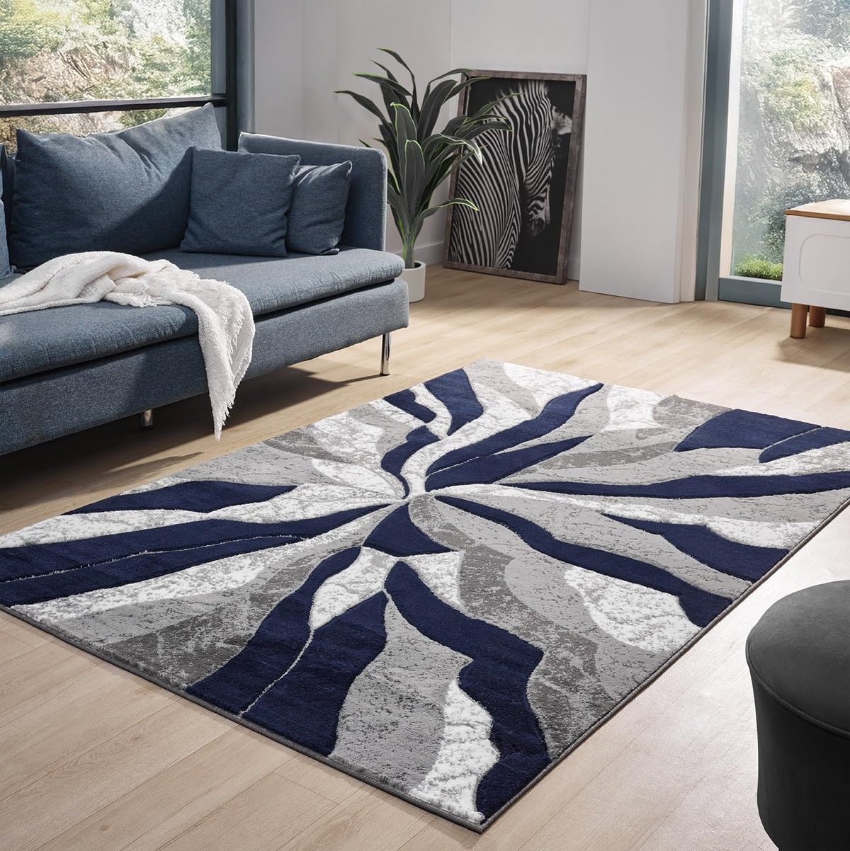 Modern Abstract Area Rug Hand Carved Contemporary Geometric Swirls Vibrant Colors Carpet for Living Room Bedroom Design PR1002 (Grey, 5' x 7')