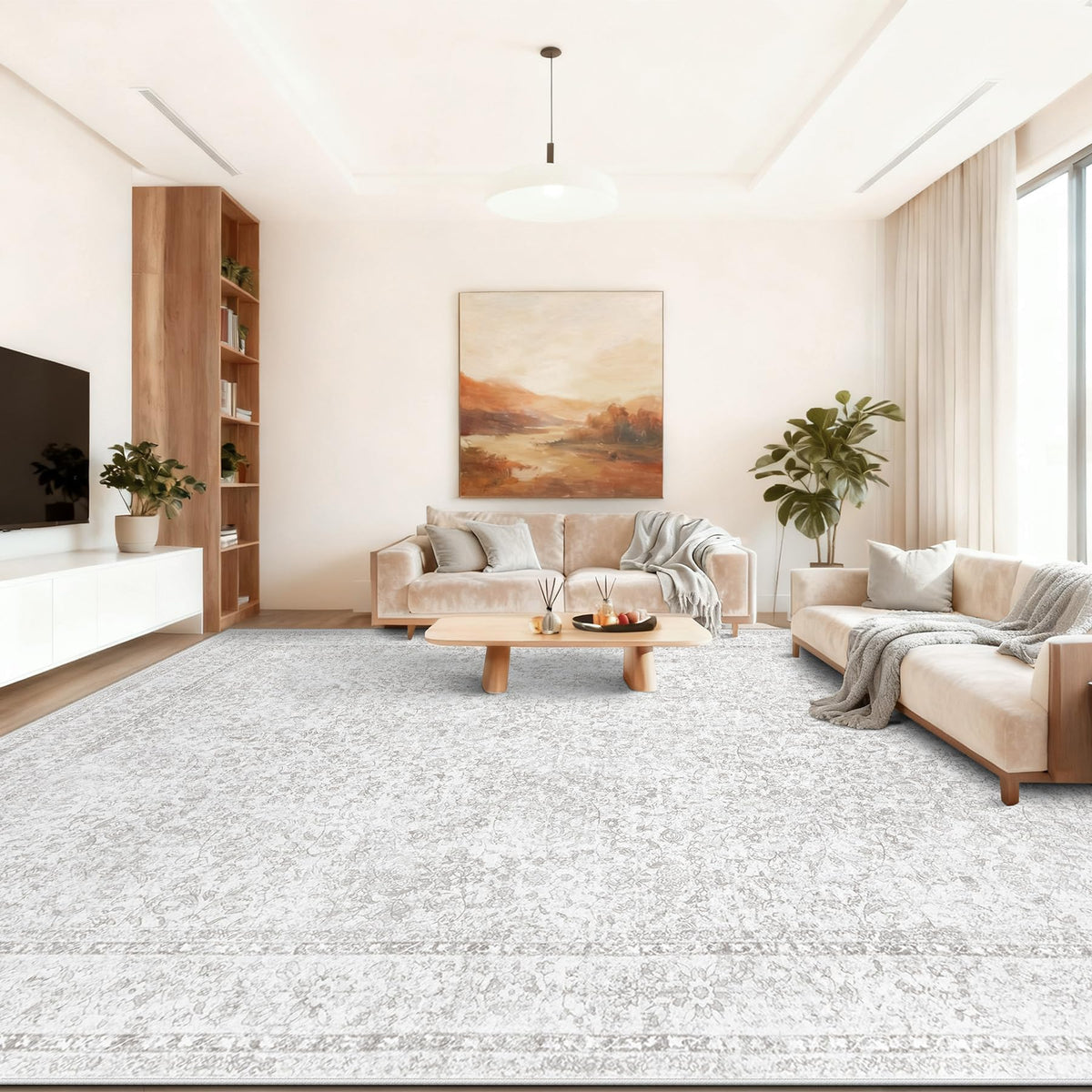Bedroom Rug Washable Large Area Rugs Foldable Low Pile Print Non Slip Boho Patterned Rugs for Bedroom Living Room Dining Home Office (Floral Beige, 5'x7')