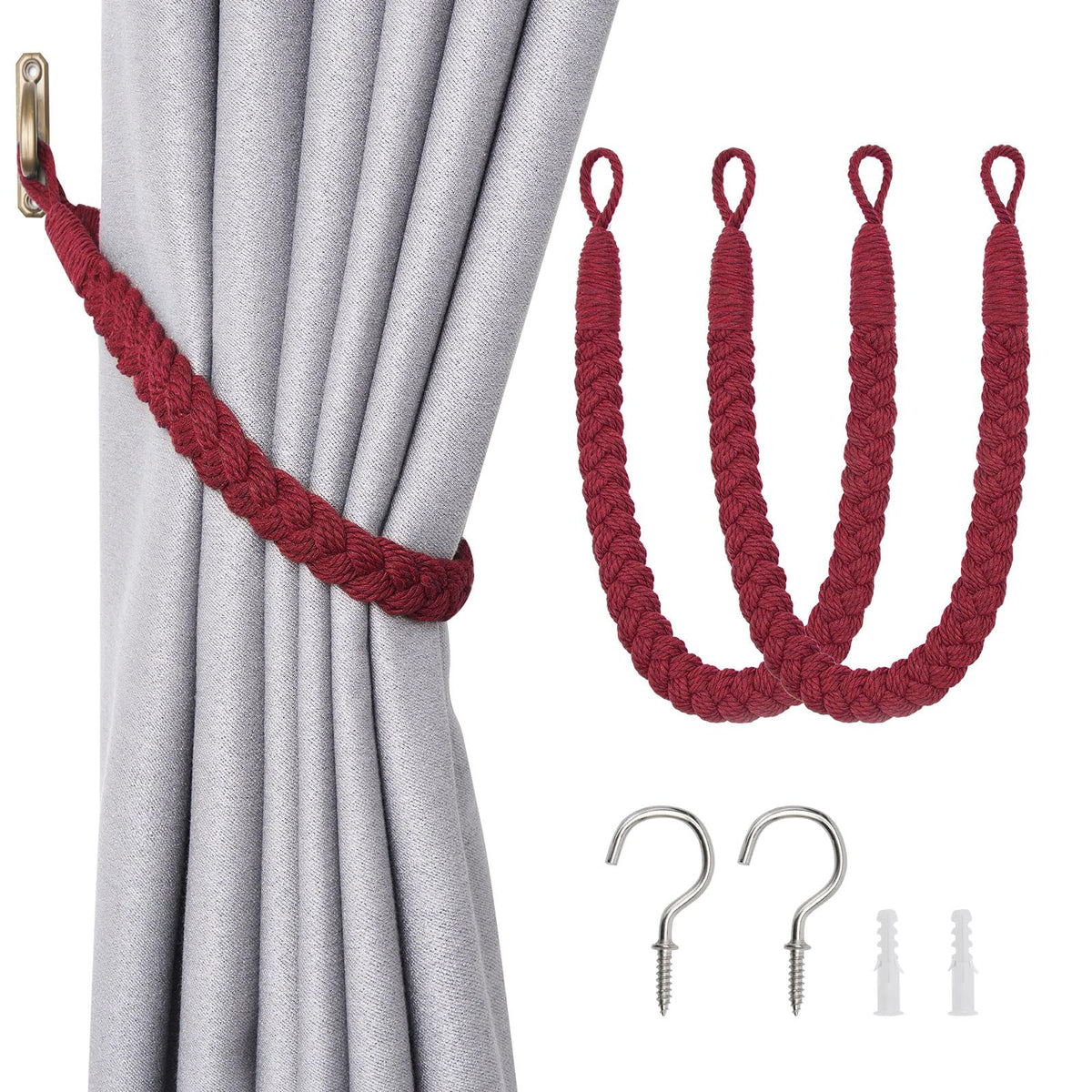 NICEEC 2 Pack Natural Cotton Rope Curtain Tiebacks Elegant Boho Style Decorative Drape Tie Backs Soft Hand-Woven Rope Curtain Holdbacks with Metal Hook for Home & Office Drapery (Coffee)