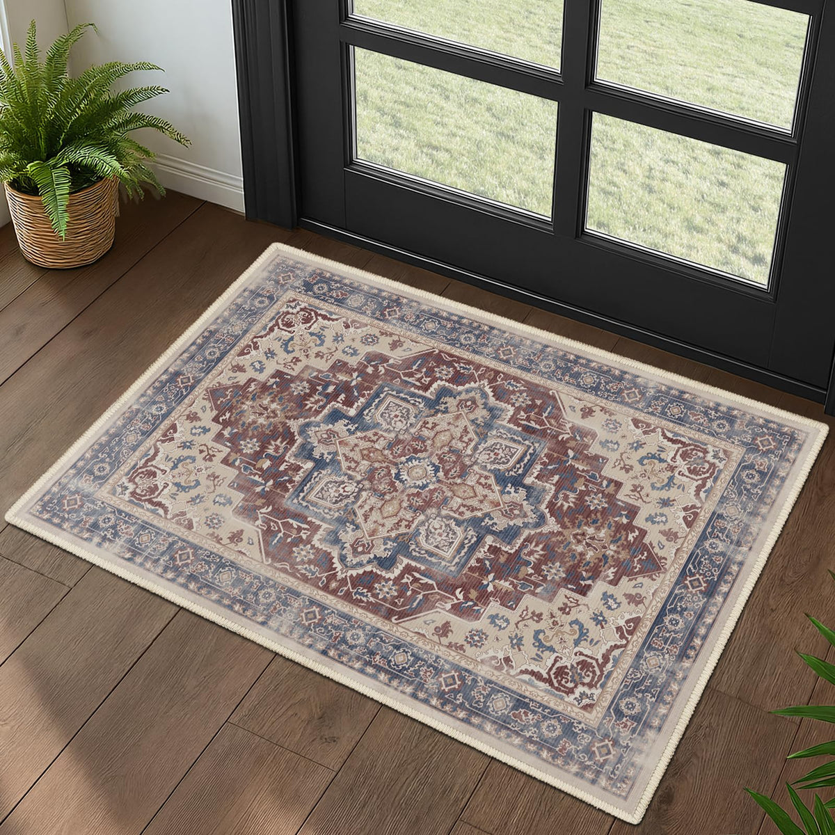 Vintage Distressed 5x7 Area Rugs for Living Room Bedroom Non Slip Washable, Medallion Pattern Printed Low Pile Thin Carpet Rugs for Dining Room/Kitchen/Home Office, Multi Brown Olive Accents