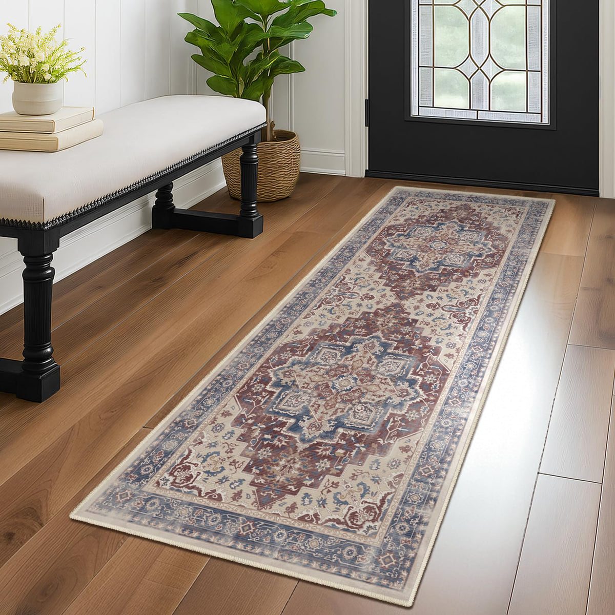 Vintage Distressed 5x7 Area Rugs for Living Room Bedroom Non Slip Washable, Medallion Pattern Printed Low Pile Thin Carpet Rugs for Dining Room/Kitchen/Home Office, Multi Brown Olive Accents
