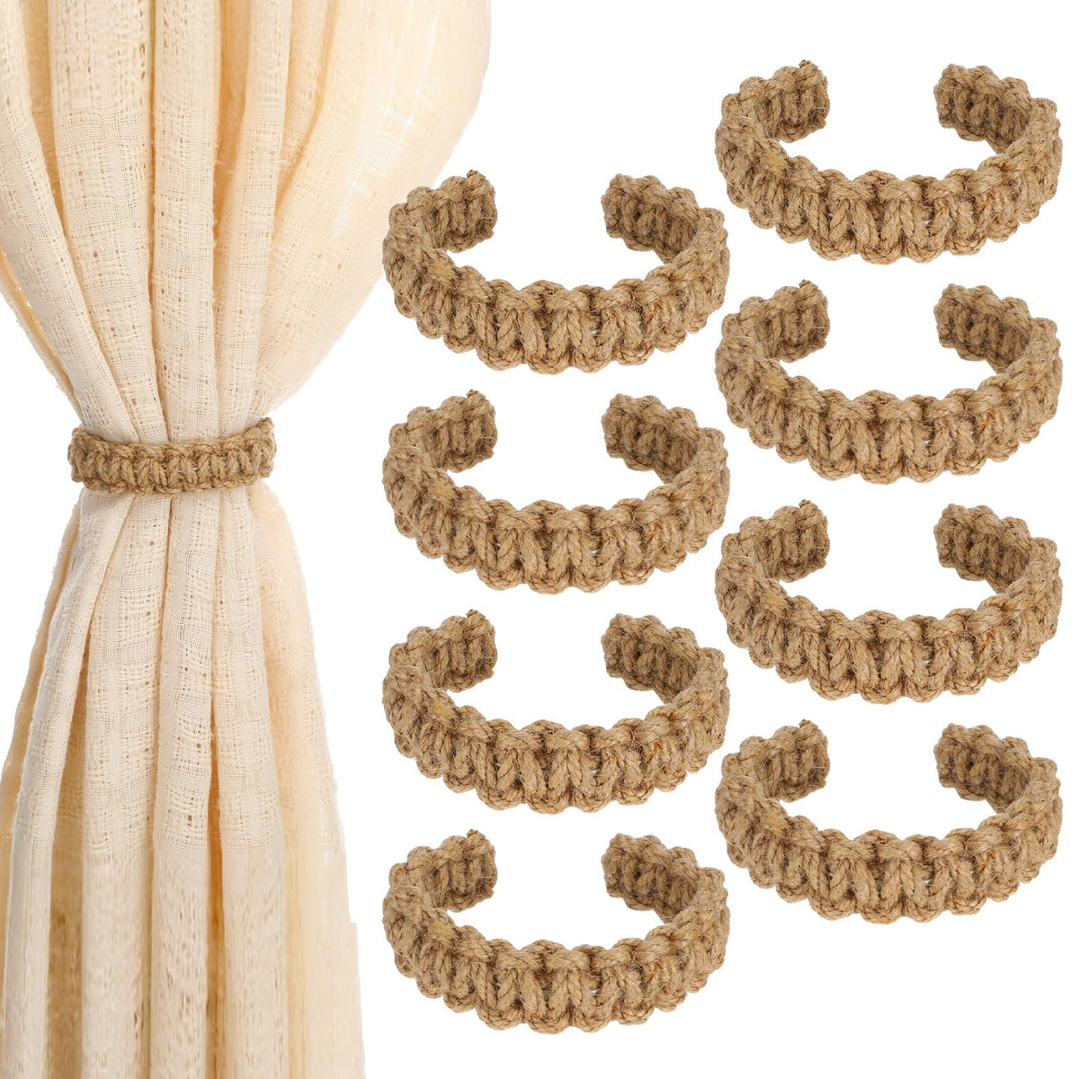 8 Pack Braided Curtain Tieback Rustic Drapes Holdback Boho Curtain Tie Backs Farmhouse Curtains Tie Holder Handmade Drape Rope Tieback for Home Office Sheer Weight Decor Drapery Straps Indoor