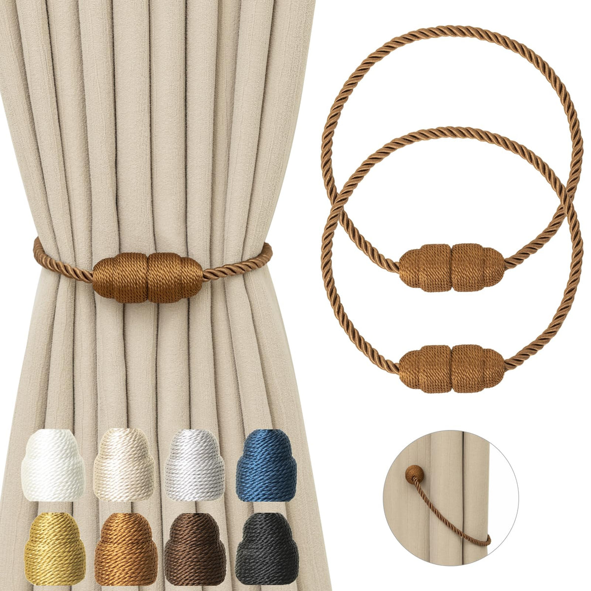 Magnetic Curtain Tiebacks Rope Curtain Tie Backs for Curtains 6 Pack Curtain Holders for Drapes Decorative Window Curtain Holdbacks, Gold