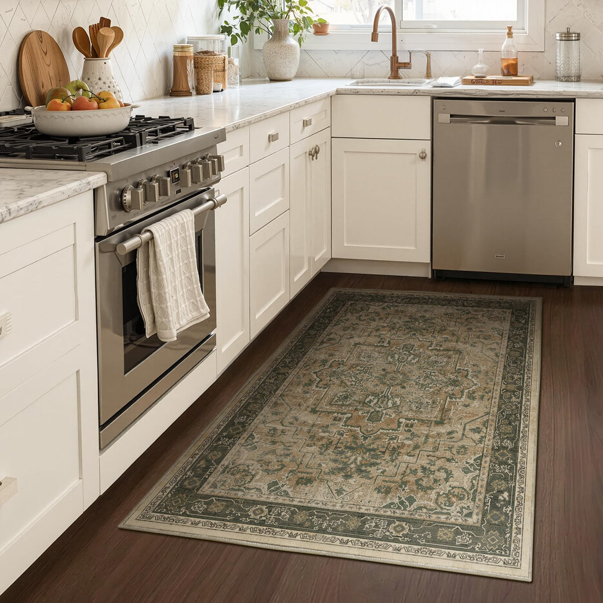 Vintage Distressed 5x7 Area Rugs for Living Room Bedroom Non Slip Washable, Medallion Pattern Printed Low Pile Thin Carpet Rugs for Dining Room/Kitchen/Home Office, Multi Brown Olive Accents