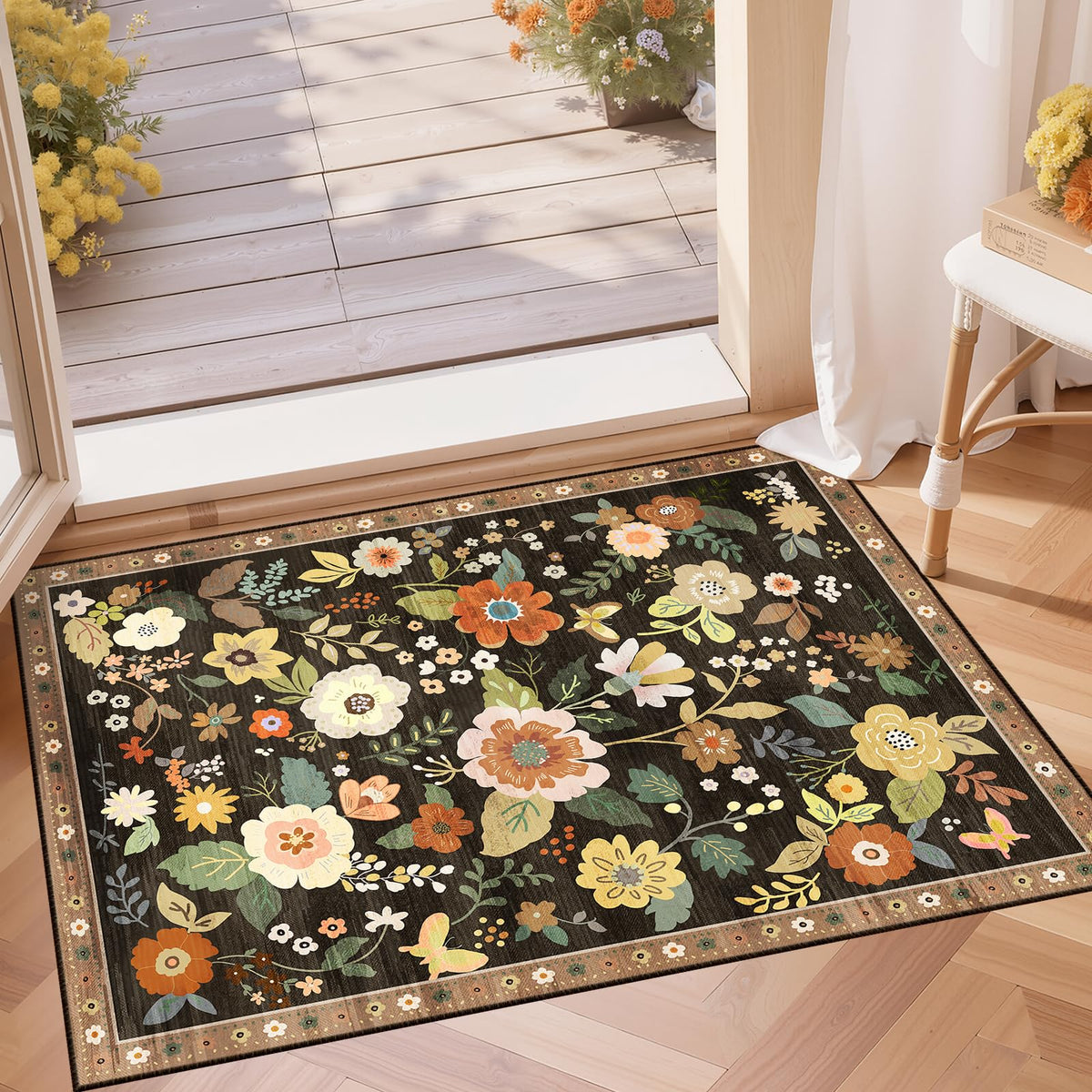 RELEANY Floral Washable 5x7 Area Rugs Black