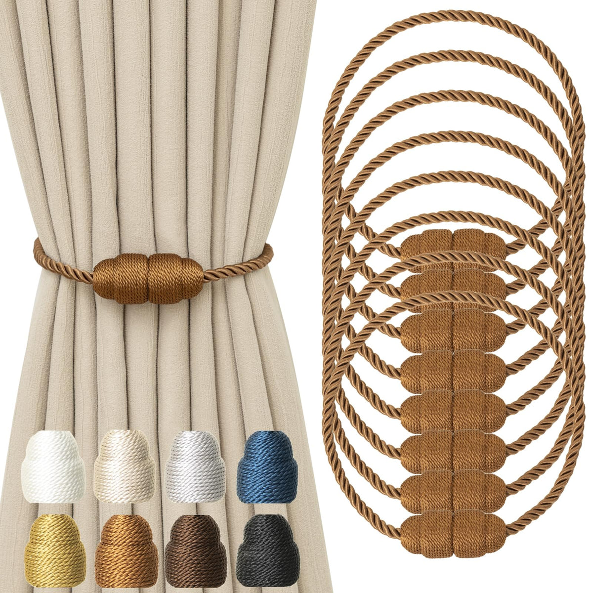 Magnetic Curtain Tiebacks Rope Curtain Tie Backs for Curtains 6 Pack Curtain Holders for Drapes Decorative Window Curtain Holdbacks, Gold