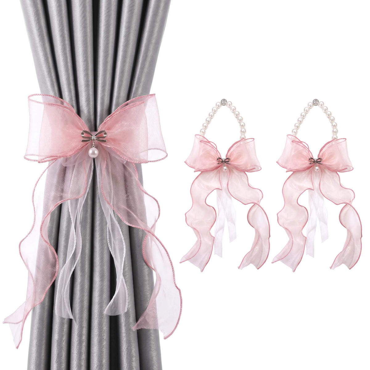 Pearl Bow Magnetic Curtain Tiebacks for Home Decor (2, Black)