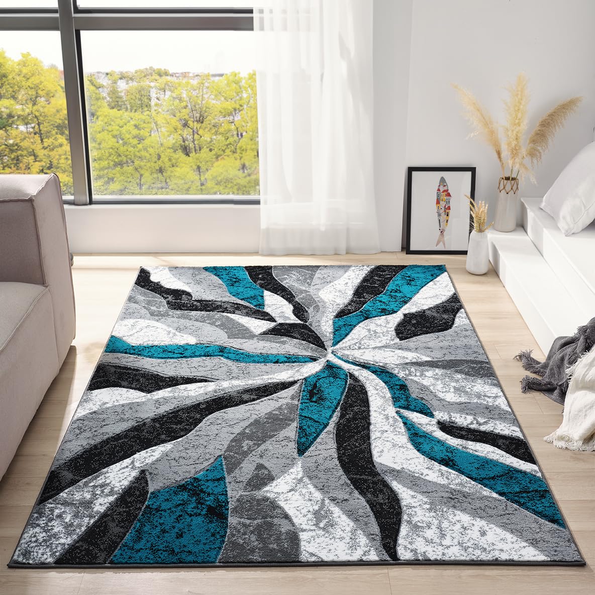 Modern Abstract Area Rug Hand Carved Contemporary Geometric Swirls Vibrant Colors Carpet for Living Room Bedroom Design PR1002 (Grey, 5' x 7')