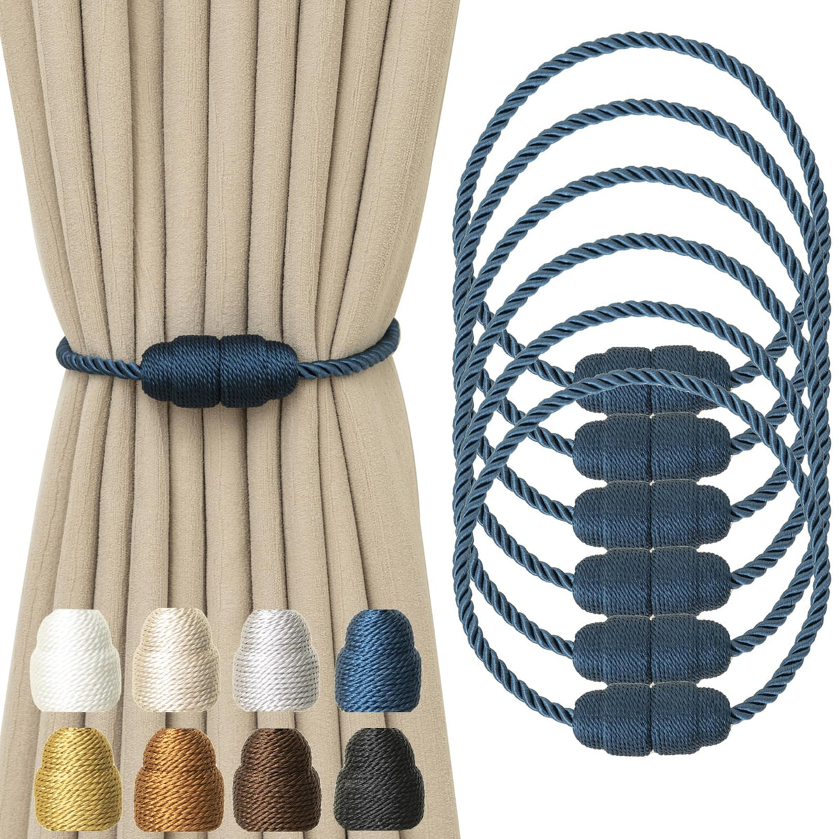 Magnetic Curtain Tiebacks Rope Curtain Tie Backs for Curtains 6 Pack Curtain Holders for Drapes Decorative Window Curtain Holdbacks, Gold