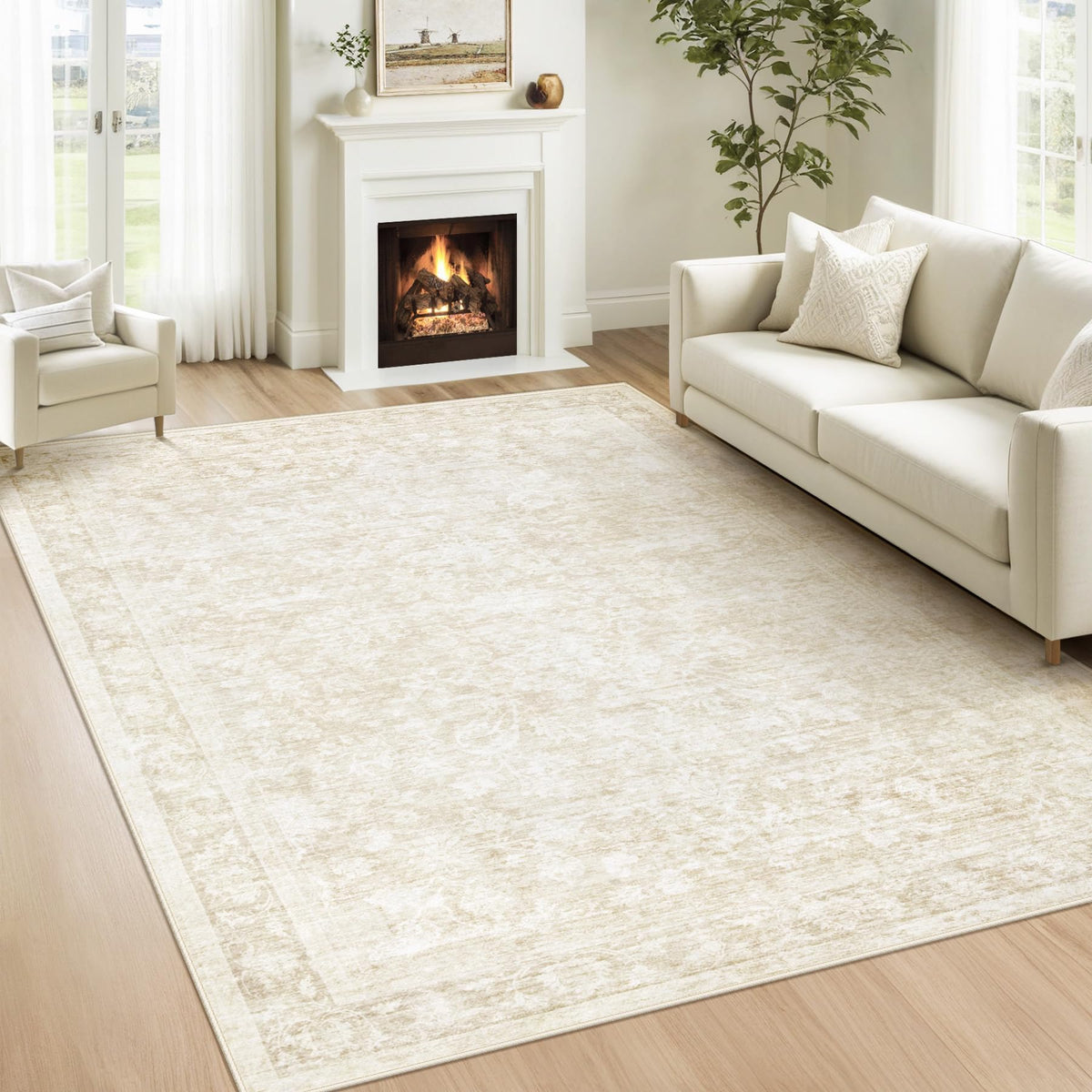 Bedroom Rug Washable Large Area Rugs Foldable Low Pile Print Non Slip Boho Patterned Rugs for Bedroom Living Room Dining Home Office (Floral Beige, 5'x7')