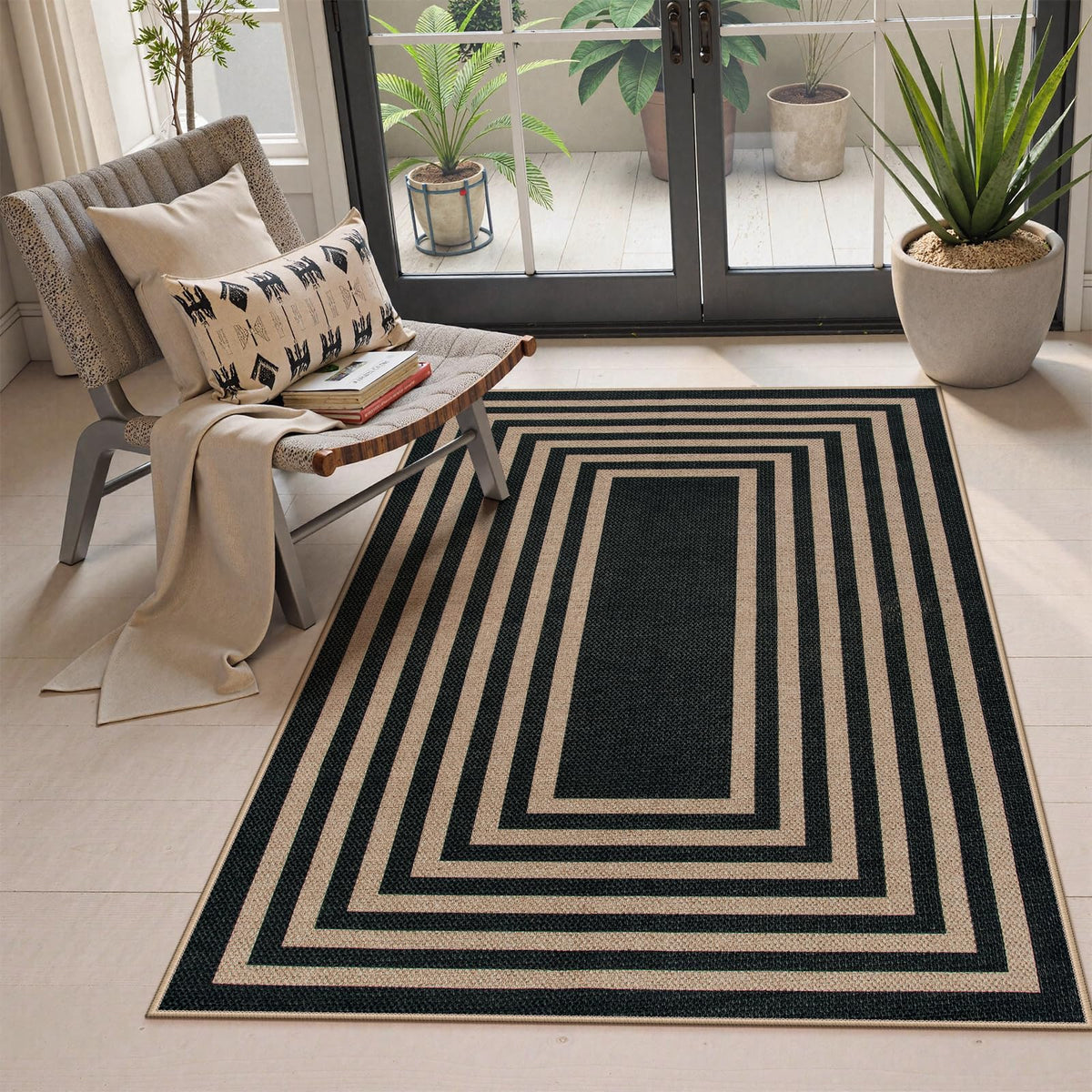 Lahome Modern Rainbow Easy Jute Carpet, Washable 5x7 Area Rugs for Living Room Patio Black Farmhouse Indoor Outdoor Rugs, Contemporary Natural Non Slip Floor Carpet for Office RV Backyard
