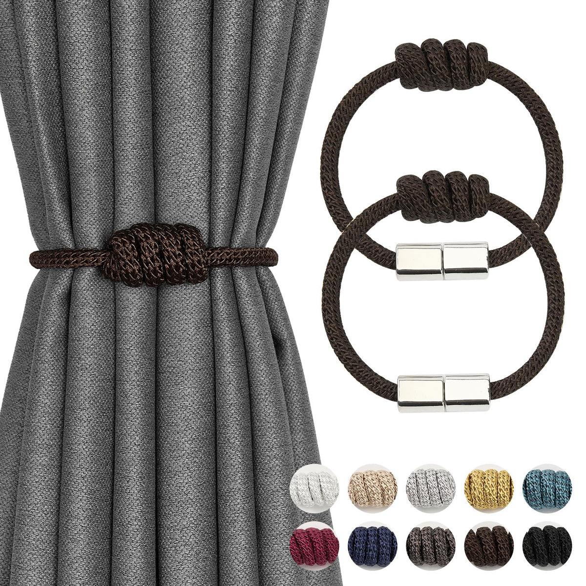 NICEEC 2 Pack Mini Magnetic Curtain Tiebacks Modern Simple Style Drape Tie Backs Elegant Hand Weave Rope Knot Decorative Curtain Holdbacks for Home & Office Window Drapery (Dark Grey)