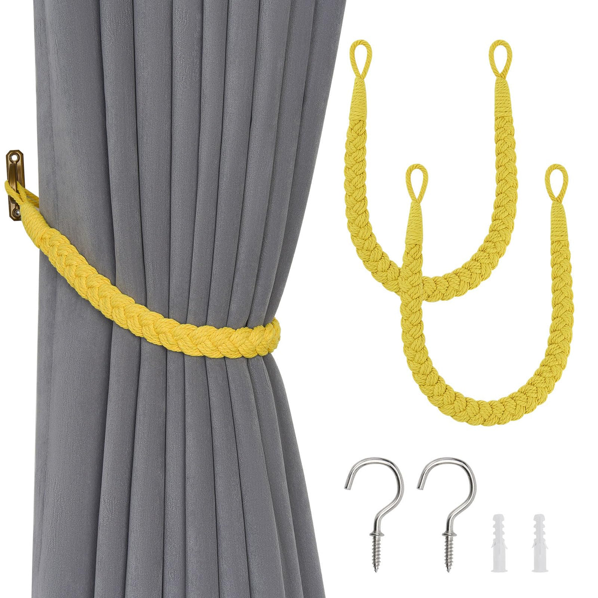 NICEEC 2 Pack Natural Cotton Rope Curtain Tiebacks Elegant Boho Style Decorative Drape Tie Backs Soft Hand-Woven Rope Curtain Holdbacks with Metal Hook for Home & Office Drapery (Coffee)