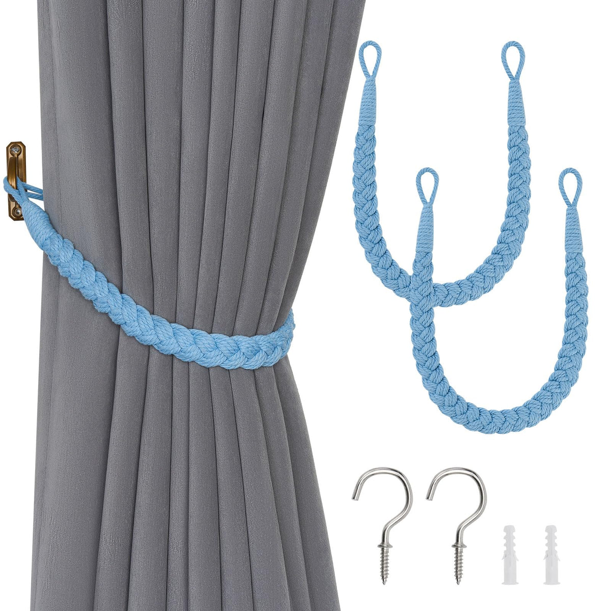 NICEEC 2 Pack Natural Cotton Rope Curtain Tiebacks Elegant Boho Style Decorative Drape Tie Backs Soft Hand-Woven Rope Curtain Holdbacks with Metal Hook for Home & Office Drapery (Coffee)