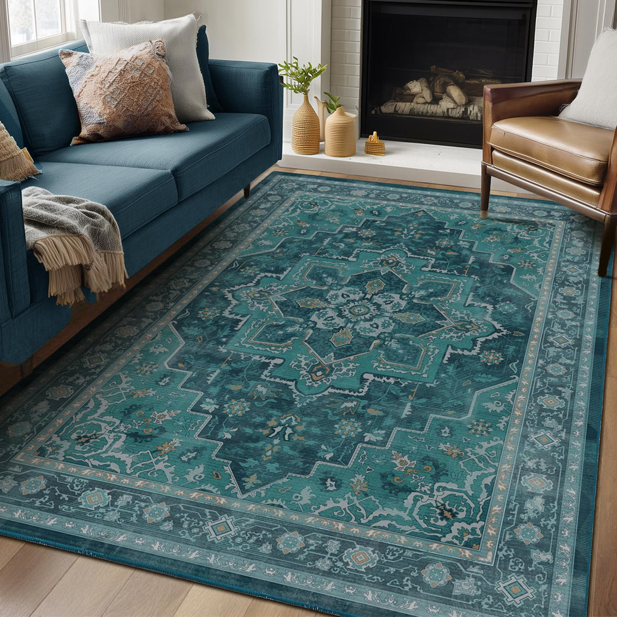 Vintage Distressed 5x7 Area Rugs for Living Room Bedroom Non Slip Washable, Medallion Pattern Printed Low Pile Thin Carpet Rugs for Dining Room/Kitchen/Home Office, Multi Brown Olive Accents