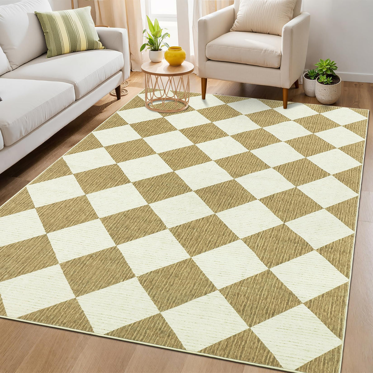 GarveeHome 5x7 Checkered Area Rug Black and Brown Washable Living Room Rug