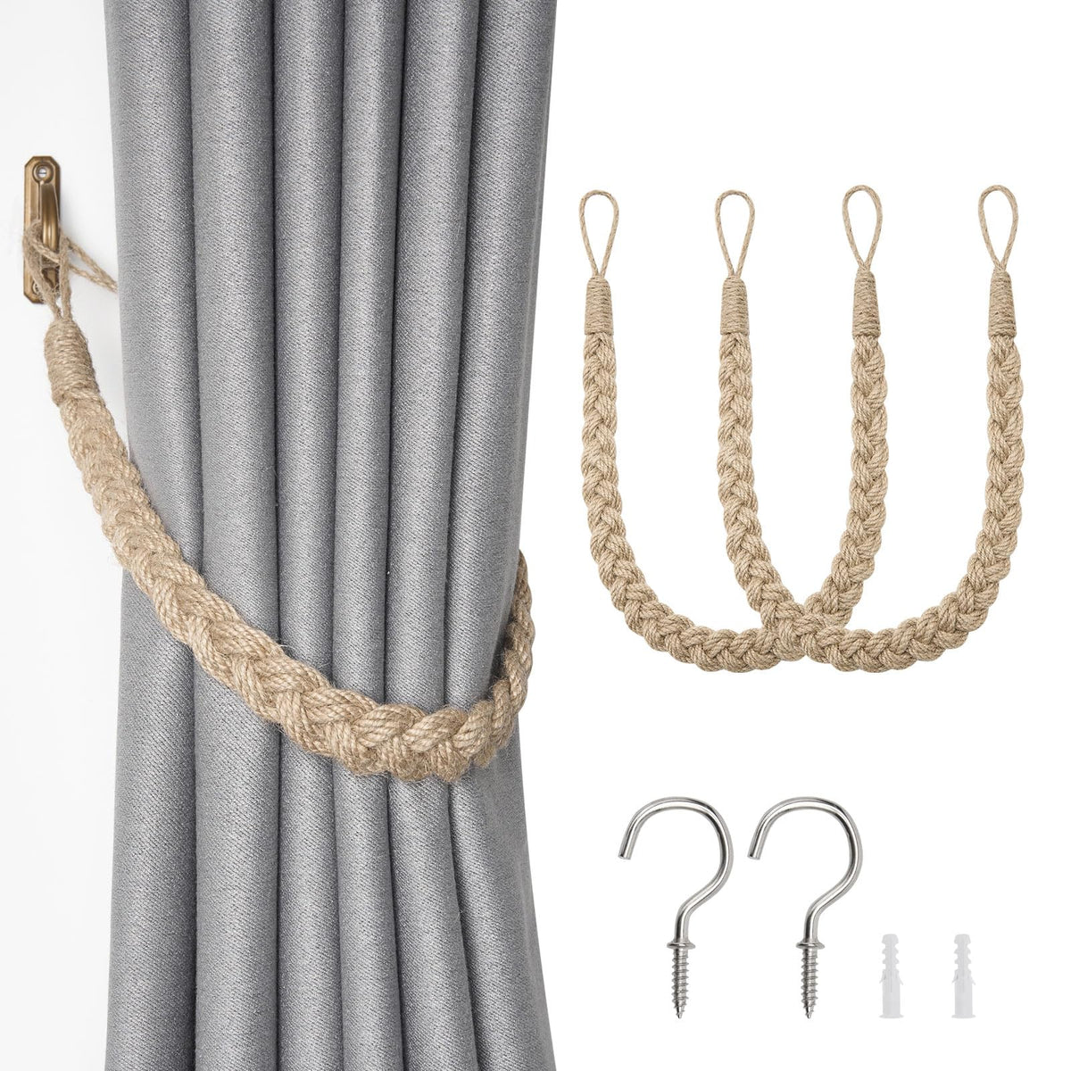 NICEEC 2 Pack Natural Cotton Rope Curtain Tiebacks Elegant Boho Style Decorative Drape Tie Backs Soft Hand-Woven Rope Curtain Holdbacks with Metal Hook for Home & Office Drapery (Coffee)
