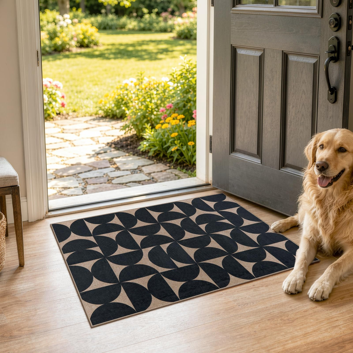 Lahome Modern Rainbow Easy Jute Carpet, Washable 5x7 Area Rugs for Living Room Patio Black Farmhouse Indoor Outdoor Rugs, Contemporary Natural Non Slip Floor Carpet for Office RV Backyard