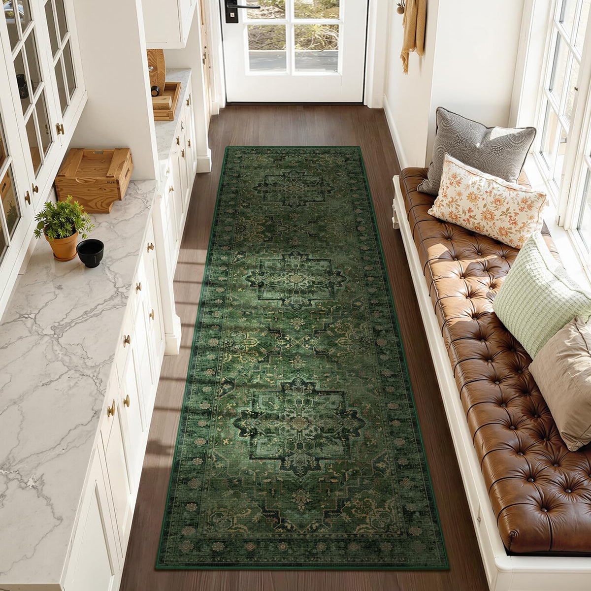 Vintage Distressed 5x7 Area Rugs for Living Room Bedroom Non Slip Washable, Medallion Pattern Printed Low Pile Thin Carpet Rugs for Dining Room/Kitchen/Home Office, Multi Brown Olive Accents