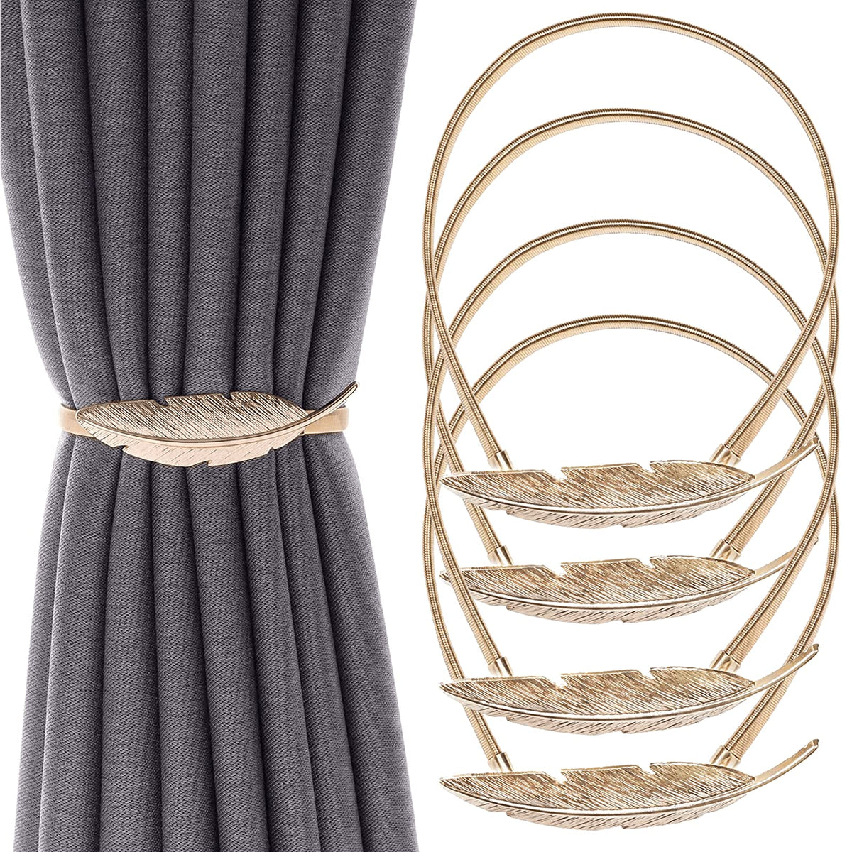4Pack Curtain Tiebacks Aluminum Alloy Spring Design Curtain Holdback Leaf Carving Design Curtain Ties for Drapes Curtain Ties Backs Curtain Modern Style Curtain Holdback Decor(Gold Leaf)