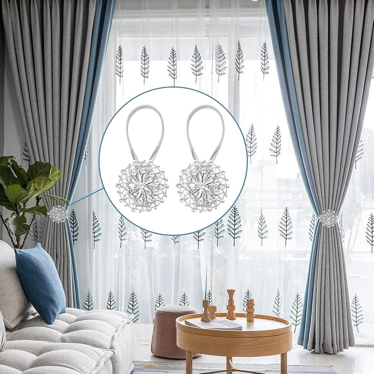 Magnetic Curtain Tiebacks 2 Pack, Silver Crystal Flower No-Drill Curtain Holdbacks with Flexible Spring Wire for Living Room Bedroom Window Decor