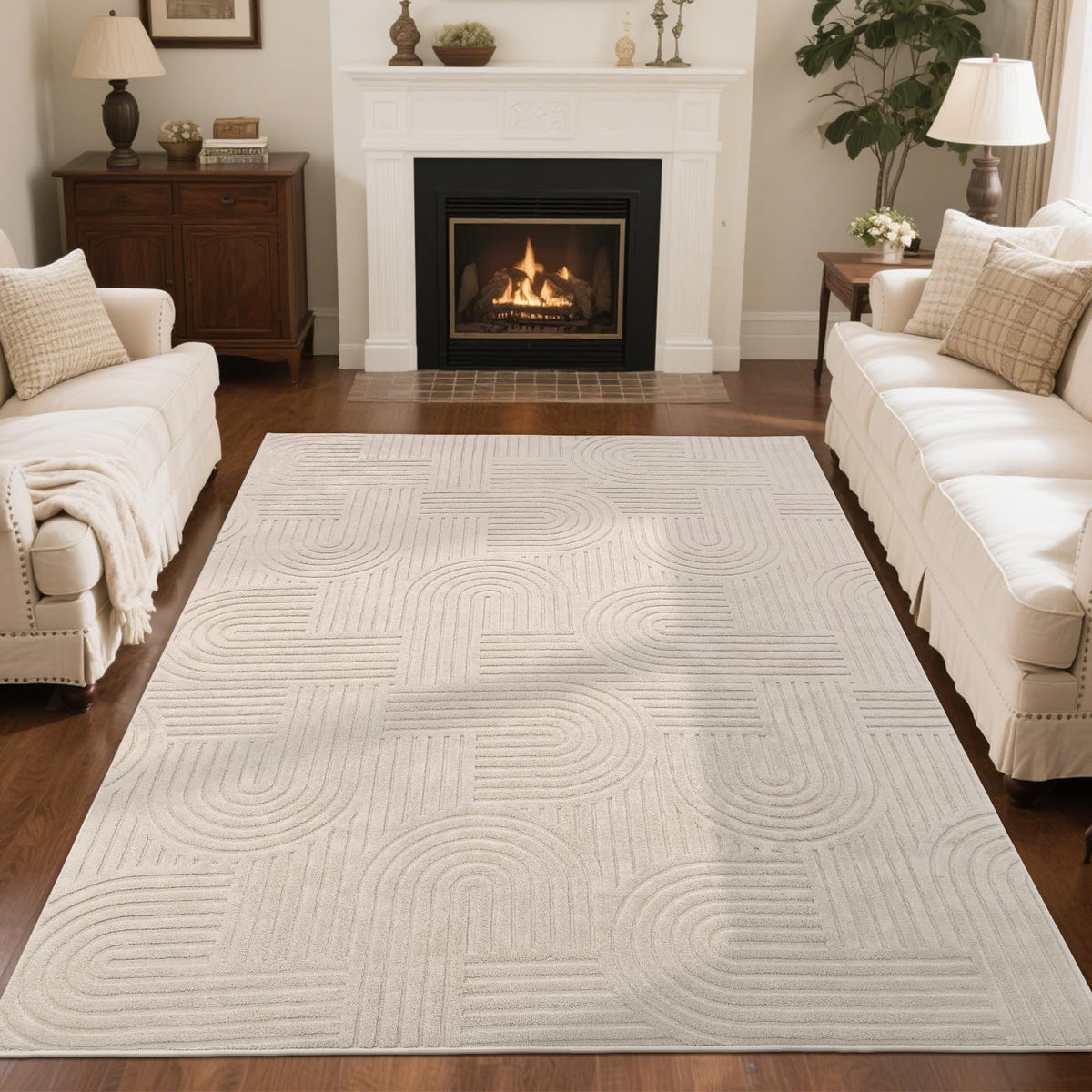 SHACOS Soft Cozy Fluffy Arch Pattern High-Low Pile Textured Area Rug 5'3"x7'3" Non Slip Washable Modern Geometric Rug Stain Resistant Contemporary Carpet for Living Room Bedroom Dining Room, Beige
