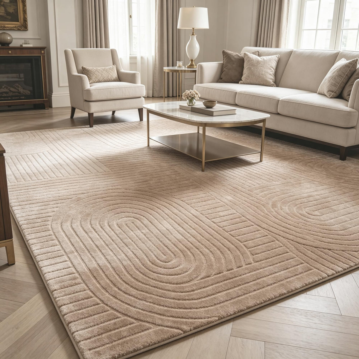 5x7 Solid Beige Area Rugs for Living Room, Geometric Washable Rug