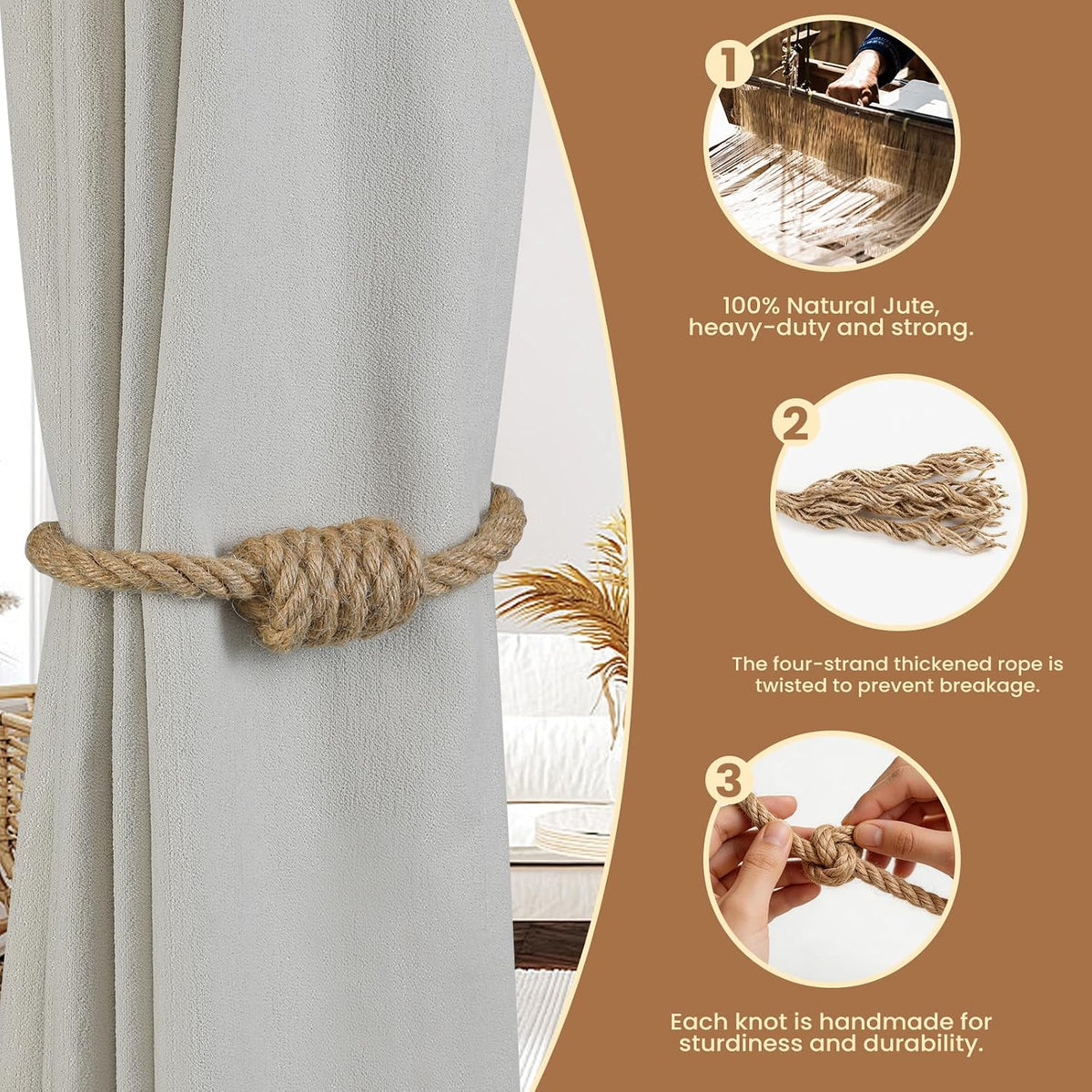 Magnetic Curtain Tiebacks, 2 Pack Jute Curtain Holdbacks, Elegant Hand Weave Rope Knot Curtain Tie Backs, Boho Curtain Tiebacks for Bedroom Room Nursery Decor
