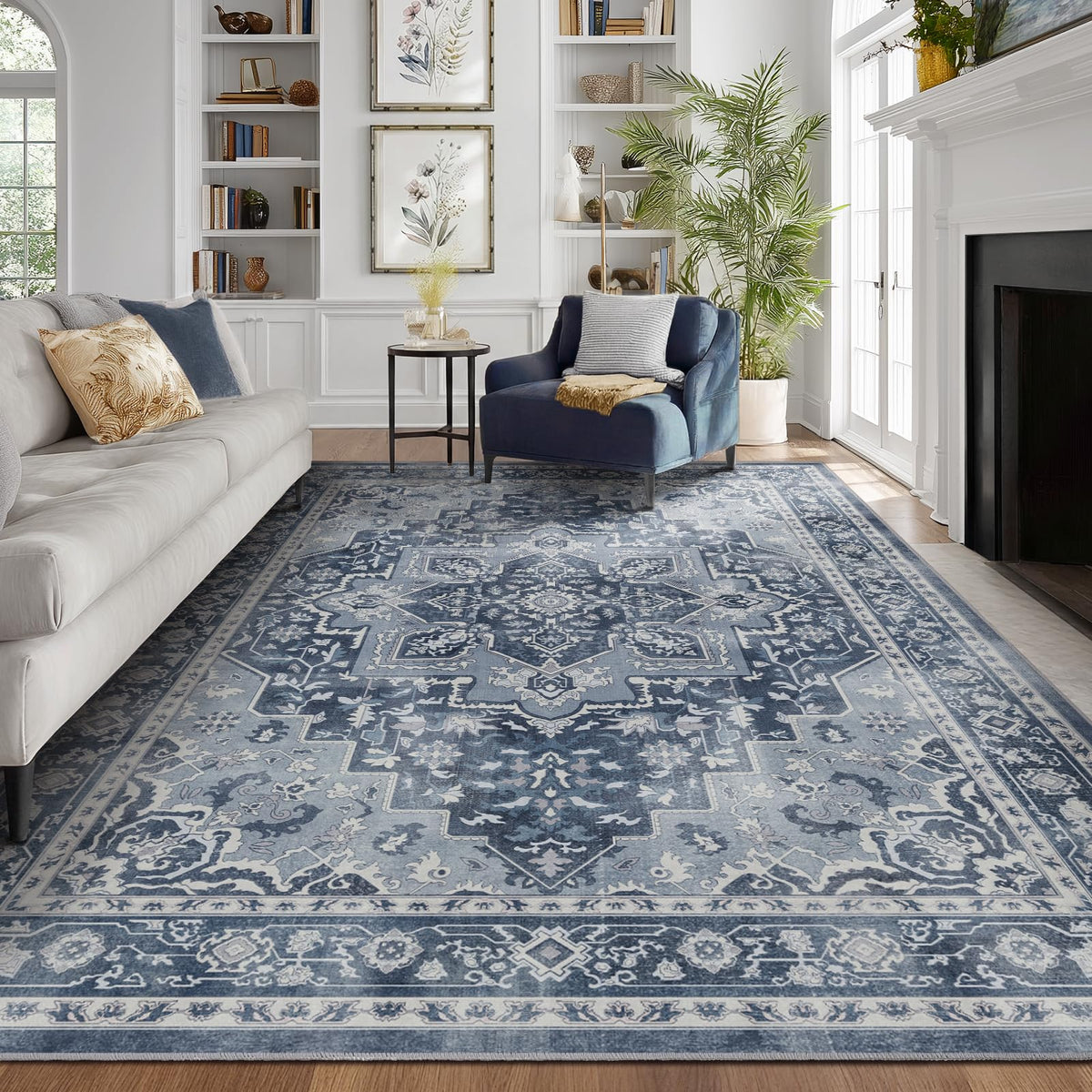 Vintage Distressed 5x7 Area Rugs for Living Room Bedroom Non Slip Washable, Medallion Pattern Printed Low Pile Thin Carpet Rugs for Dining Room/Kitchen/Home Office, Multi Brown Olive Accents